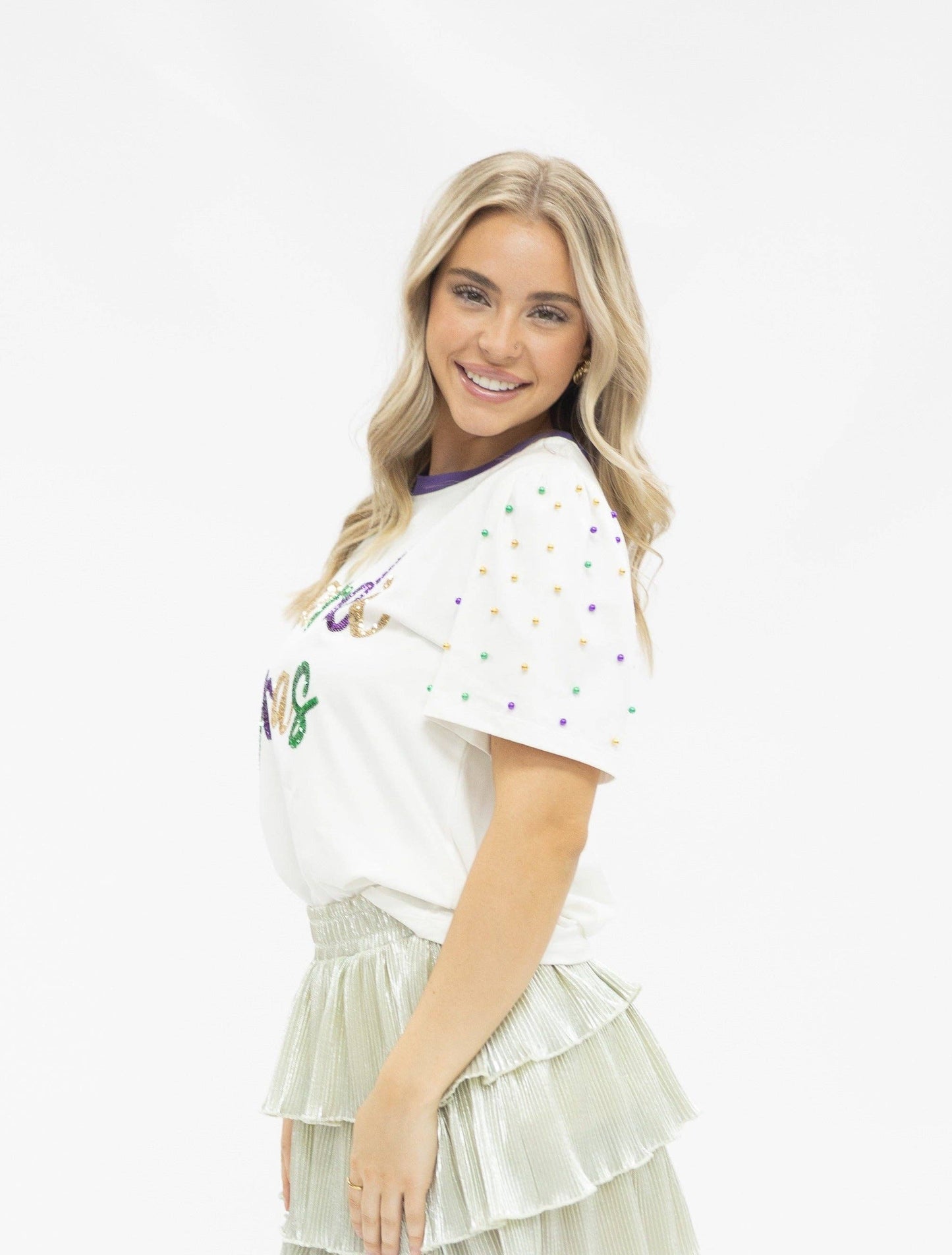 GRACE+EMMA Women's Sequin Mardi Gras White Princess Plus Top