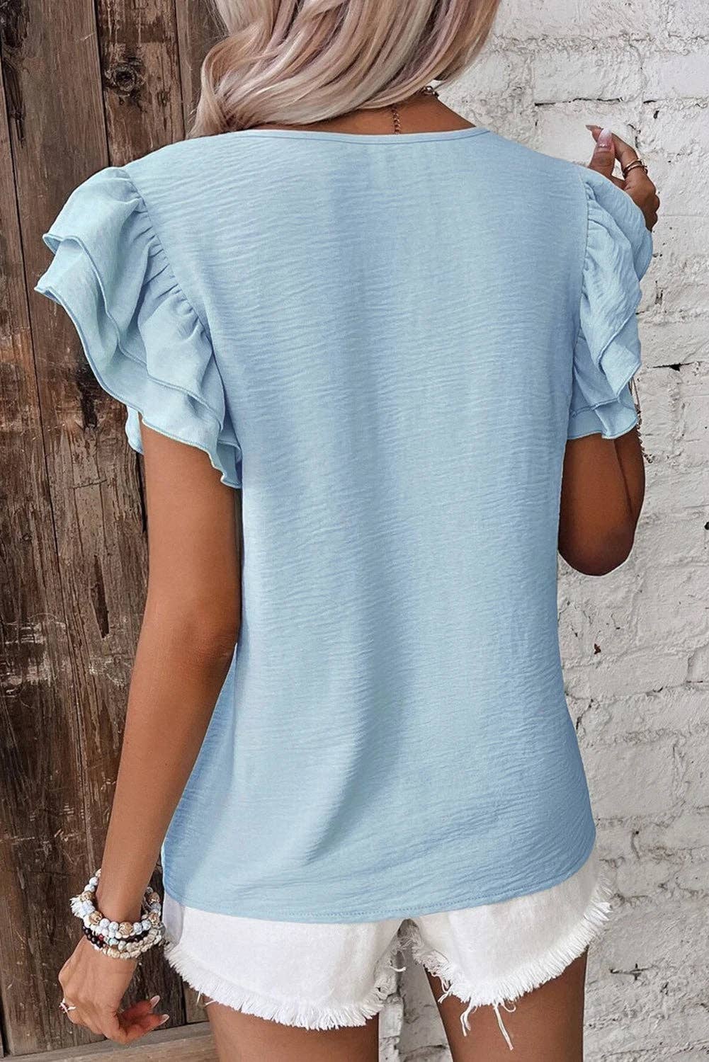 Lovesoft  Solid Color Ruffled Short Sleeve Casual Blouse