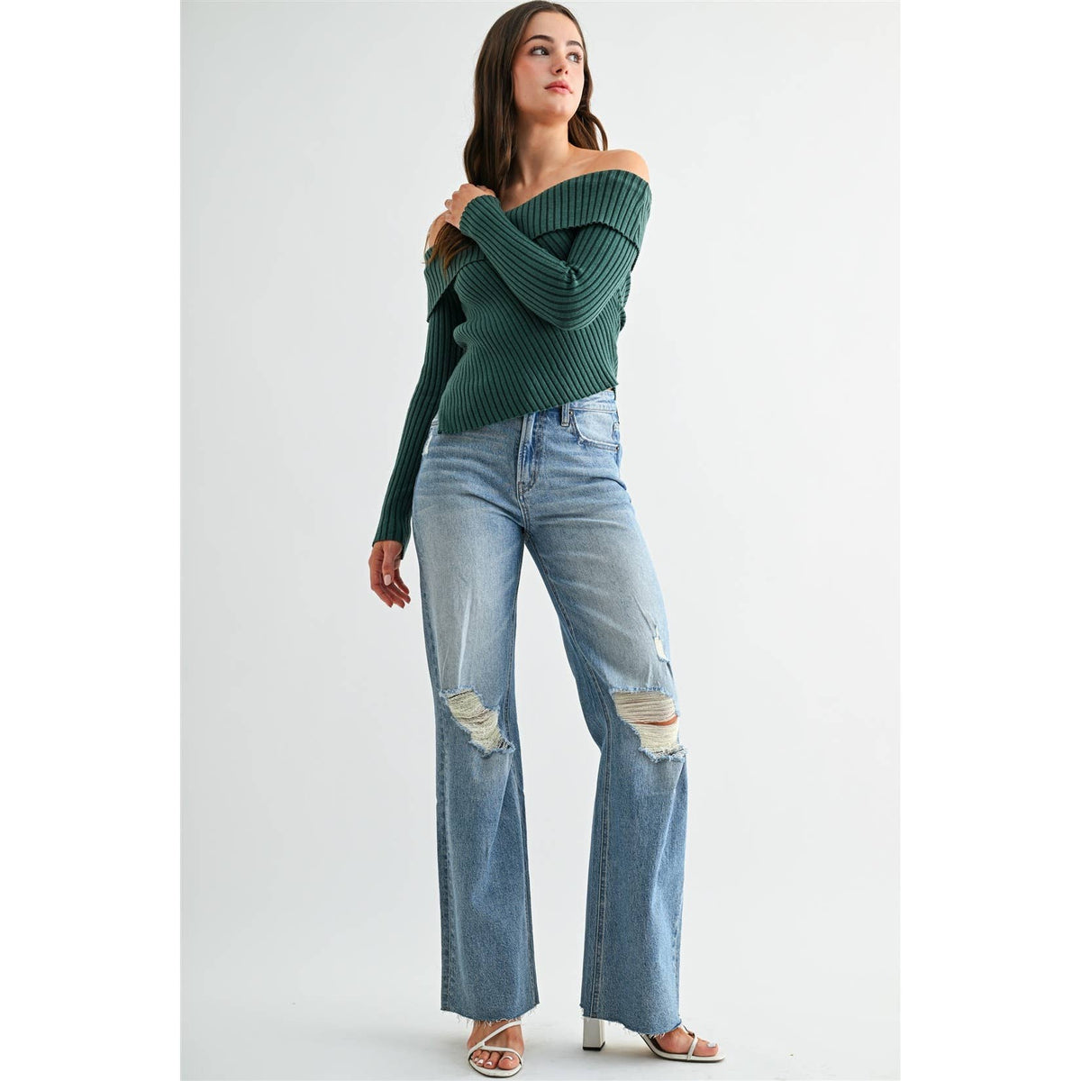 Mica Denim - HIGH-RISE WIDE LEG DISTRESSED KNEE RAW HEM