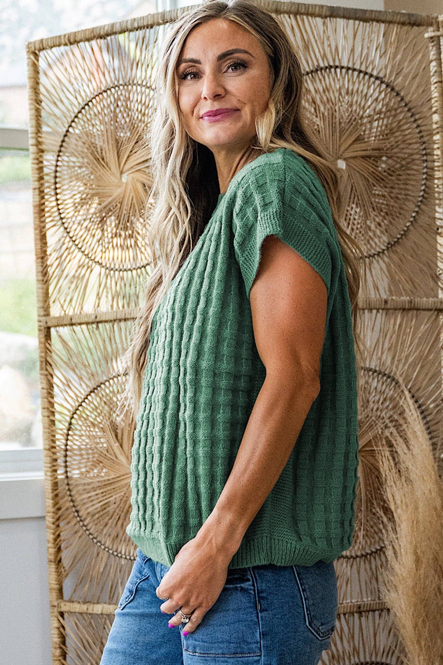 Lovesoft  Mist Green Solid Color Round Neck Textured Short Sleeve Sweater