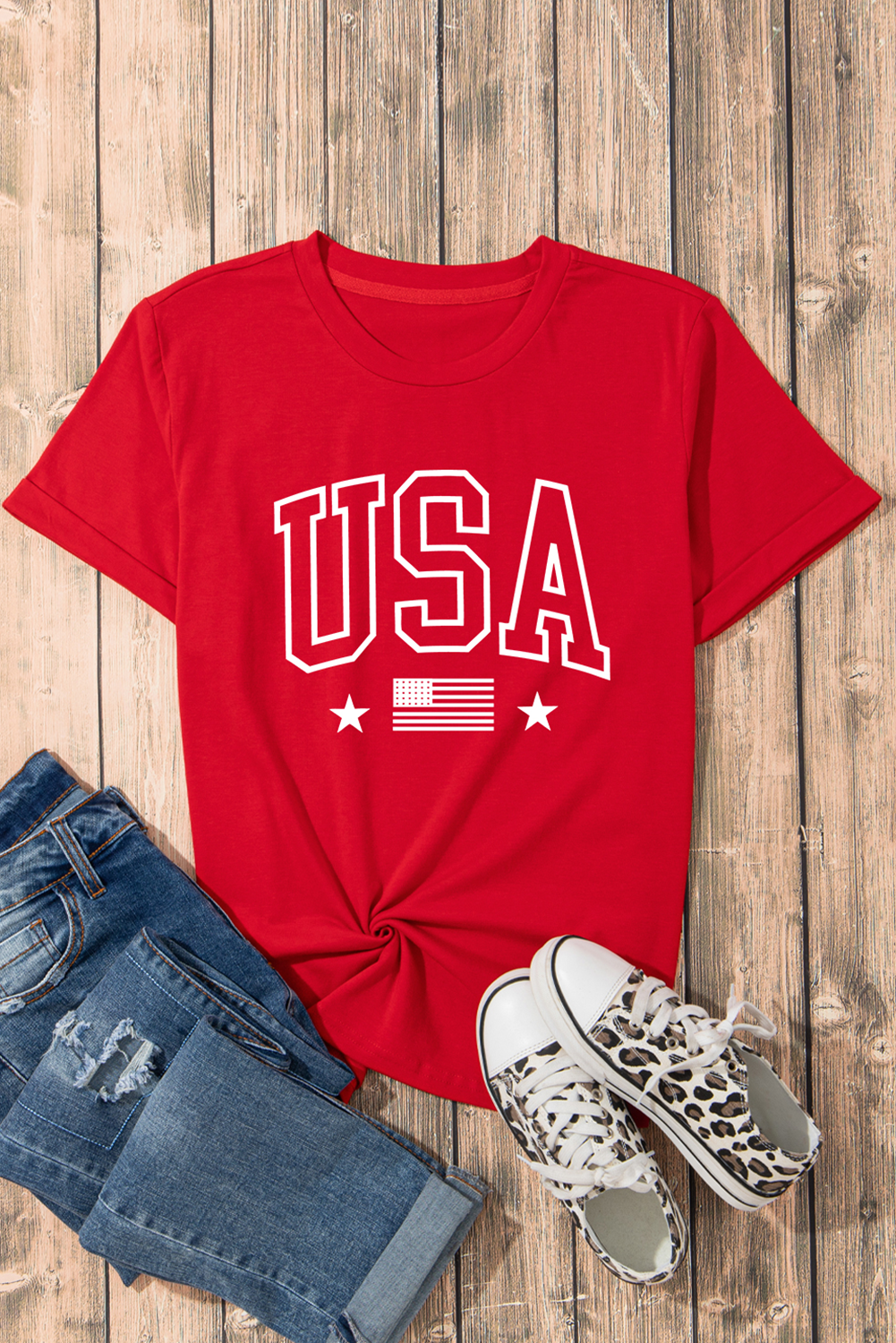 USA American Flag Print Crewneck T Shirt