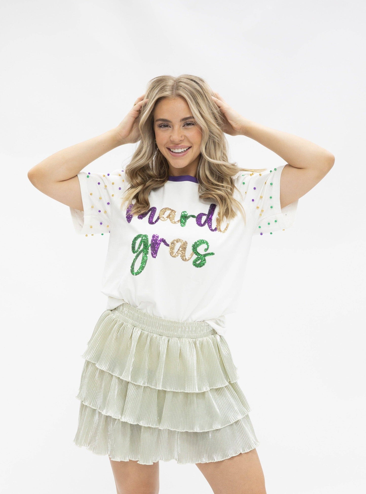 GRACE+EMMA Women's Sequin Mardi Gras White Princess Plus Top