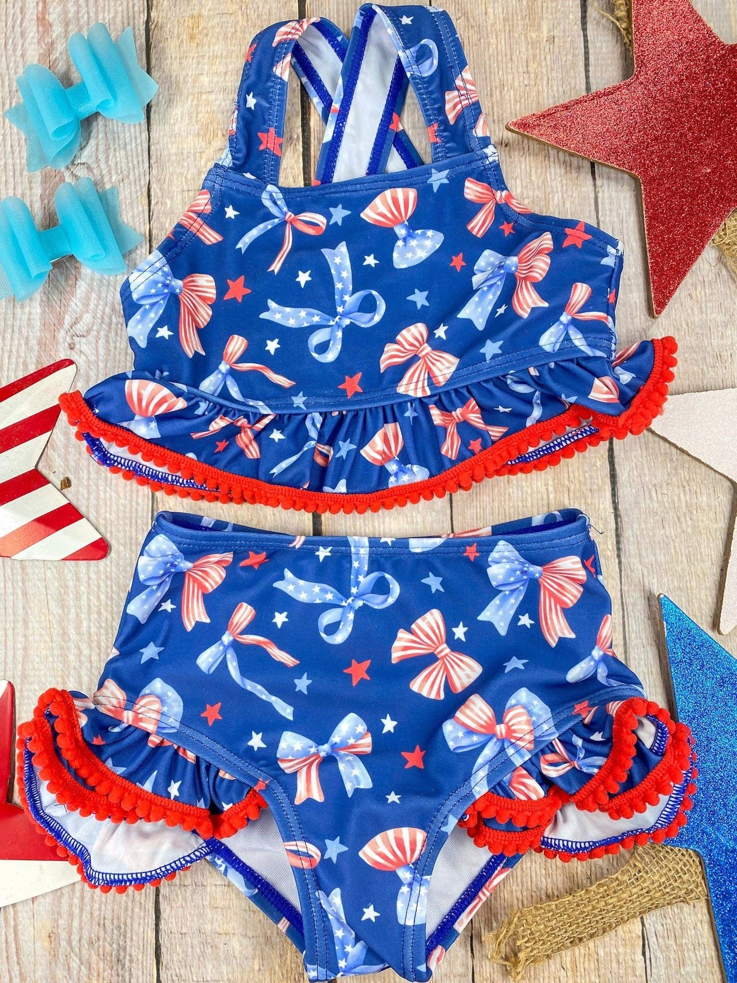 The Hair Bow Company - Navy Patriotic Bow Print Two-Piece Swimsuit | Baby Girls Ruffle Swim Set - Size 6