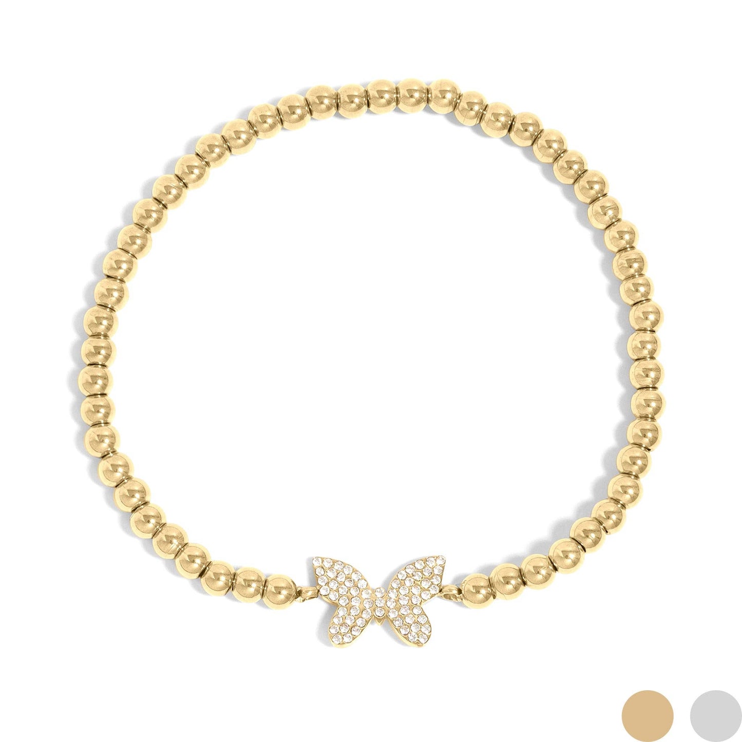 18K Gold PVD Stainless Steel Stone 'Butterfly' Metal Beaded Stretch Bracelet