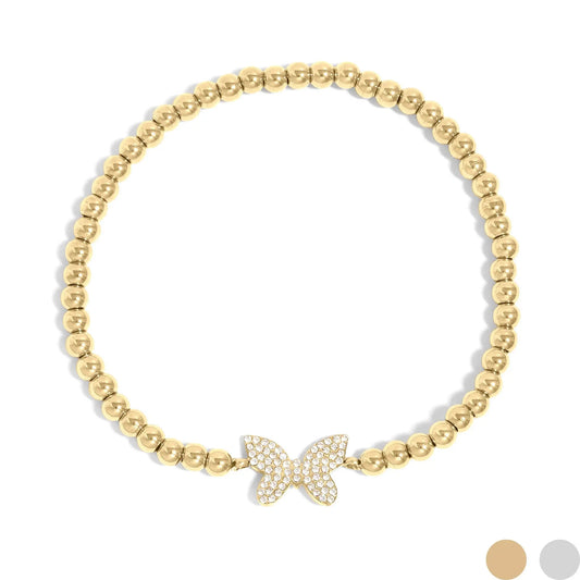 18K Gold PVD Stainless Steel Stone 'Butterfly' Metal Beaded Stretch Bracelet WJW
