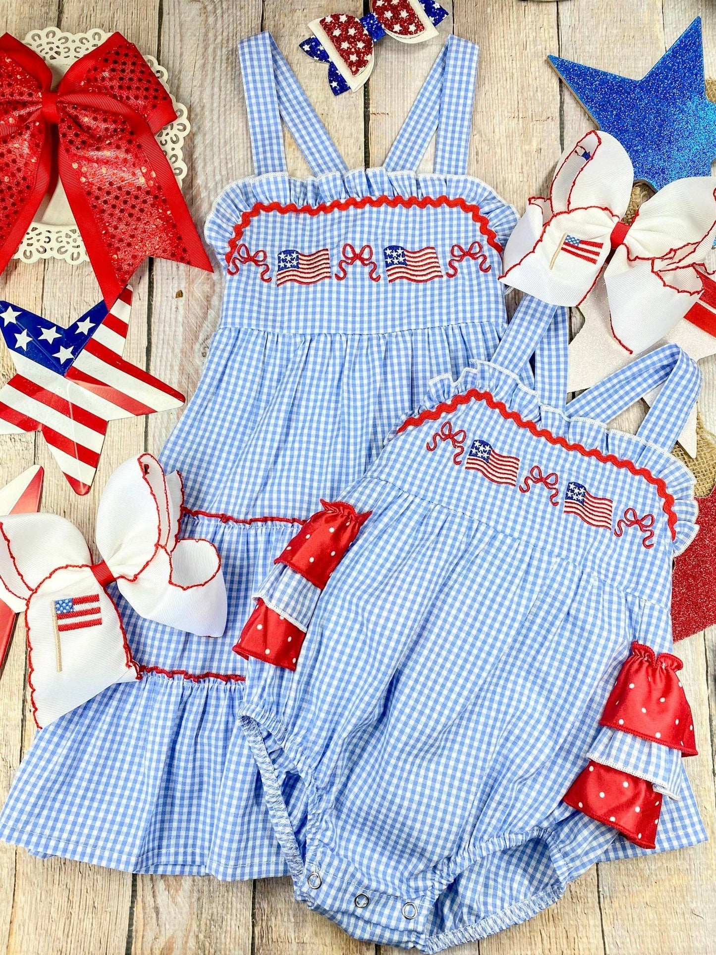 The Hair Bow Company - Blue Gingham American Flag Tiered Dress | Girls Patriotic Ruffle Dress - Size 6