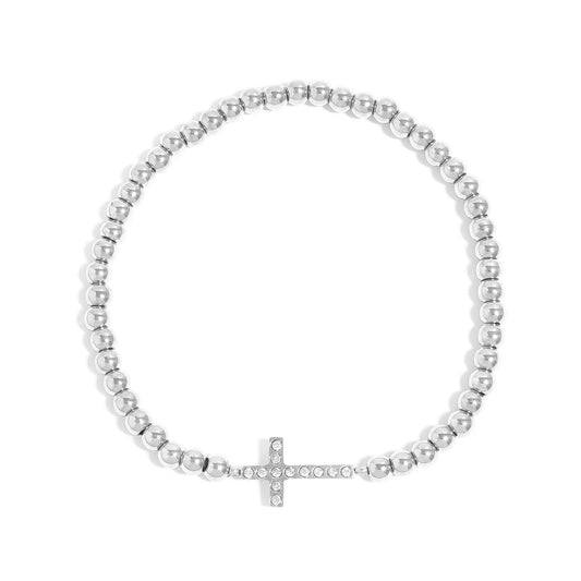 WJW - 18K Gold PVD CZ Cross Beaded Stretch Bracelet WJW