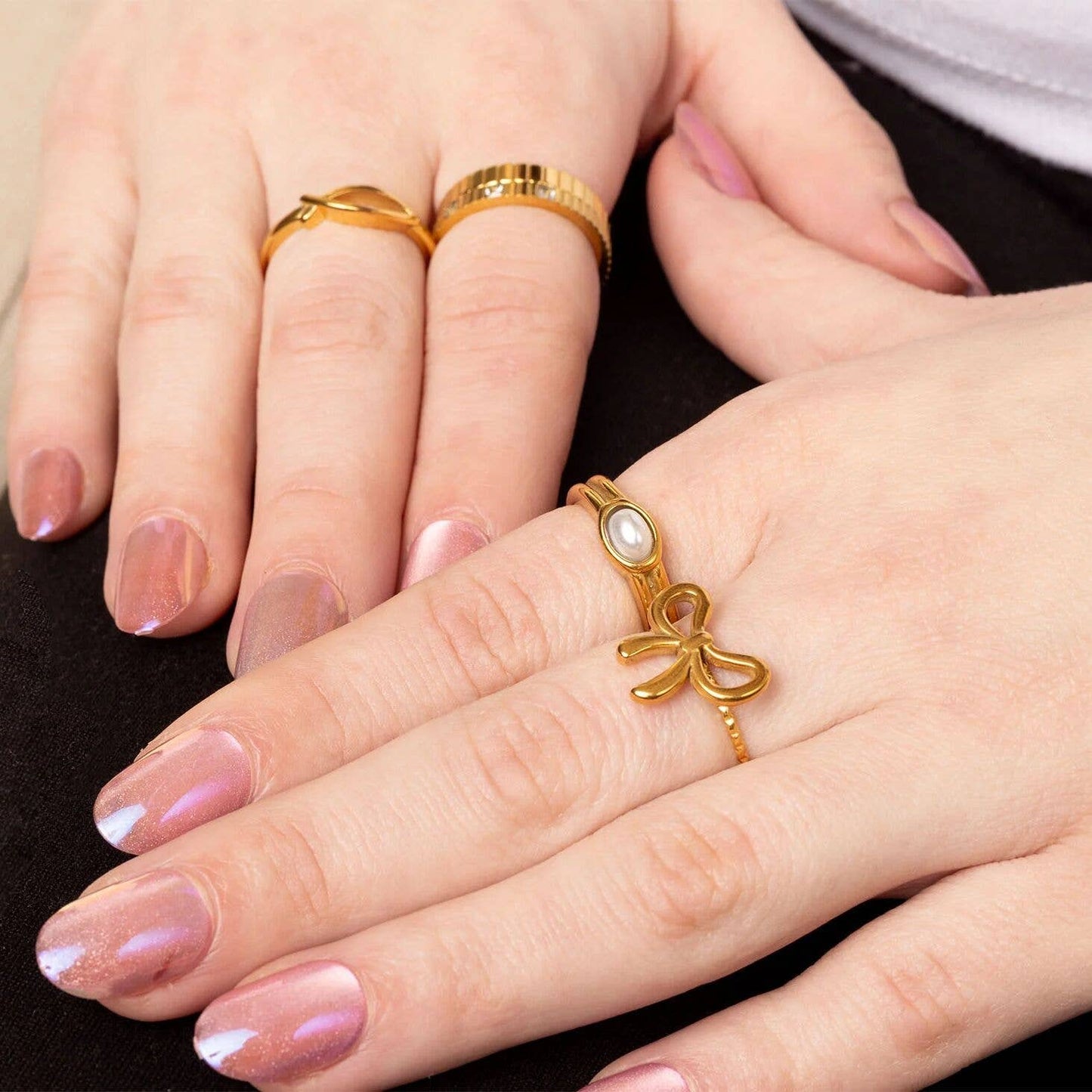 18K Gold PVD Stainless Steel Adjustable Bow Ring