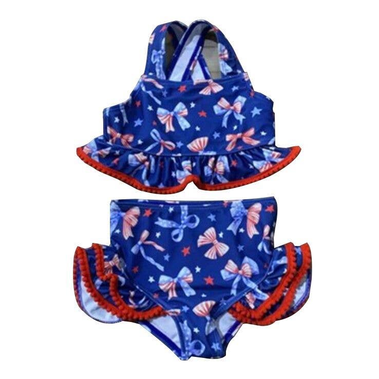 The Hair Bow Company - Navy Patriotic Bow Print Two-Piece Swimsuit | Baby Girls Ruffle Swim Set - Size 6