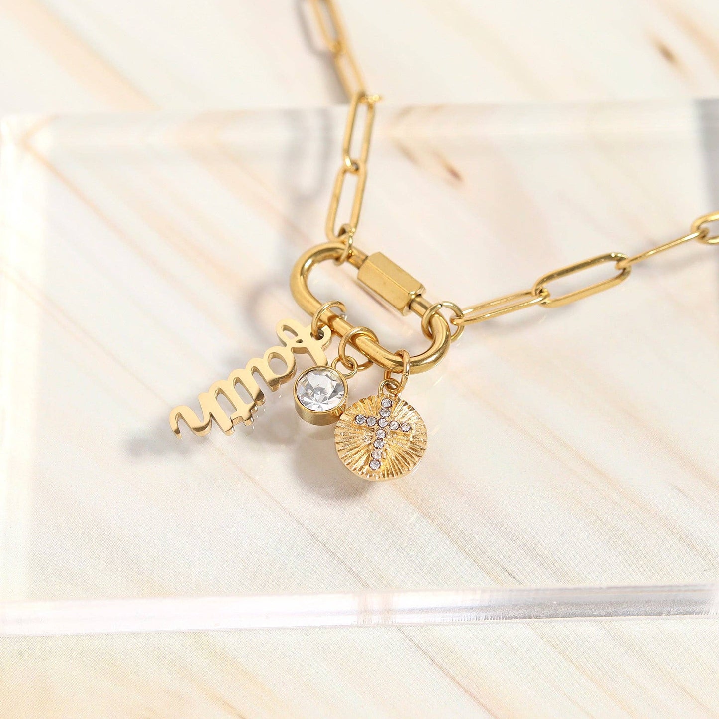 18K PVD Gold Carabiner "Faith" Paperclip Charm Necklace