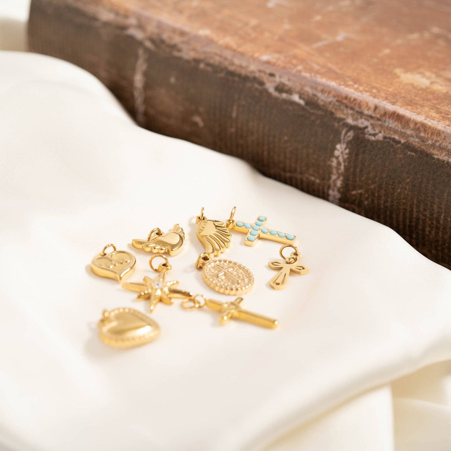 18K Gold PVD Stainless Steel Textured Medallion Cross Charm