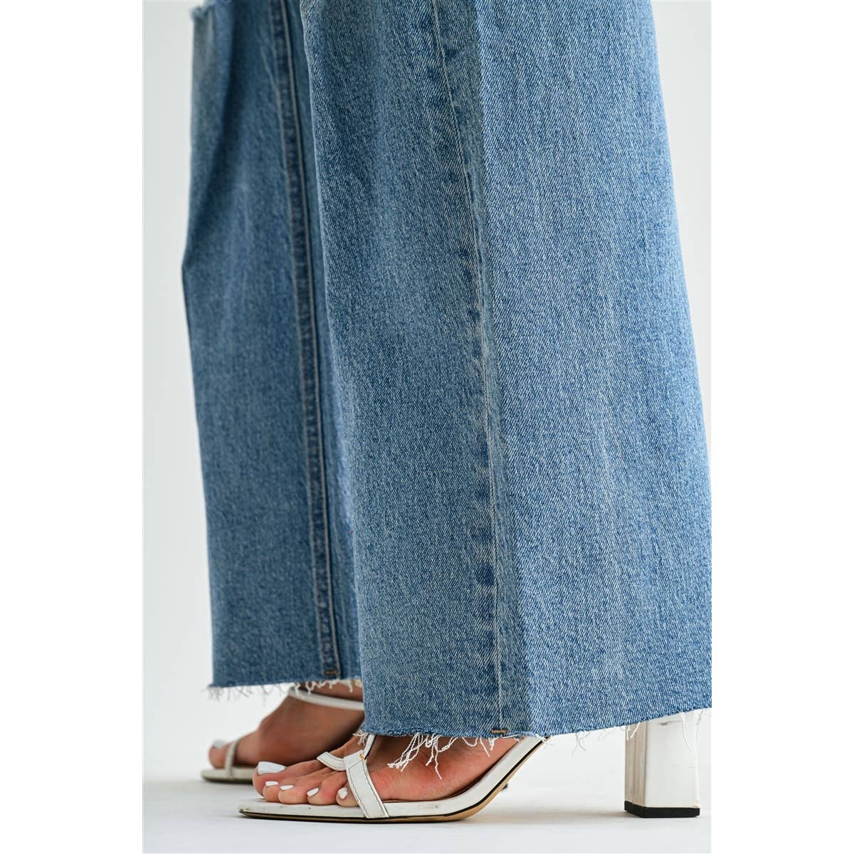 Mica Denim - HIGH-RISE WIDE LEG DISTRESSED KNEE RAW HEM