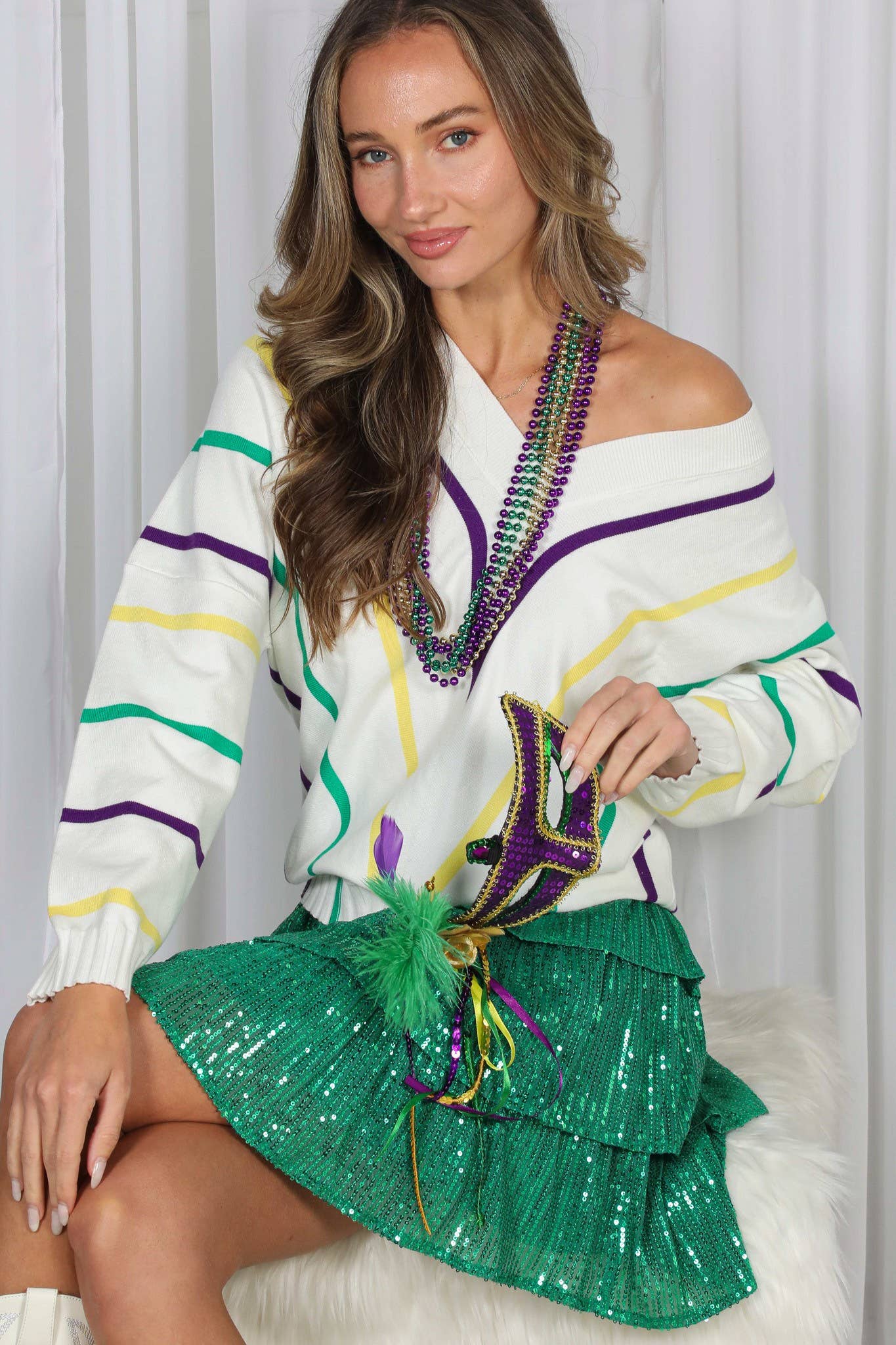 Vine & Love - Mardi Gras V-Neck Dolman Sleeve Striped Sweater - Off-White