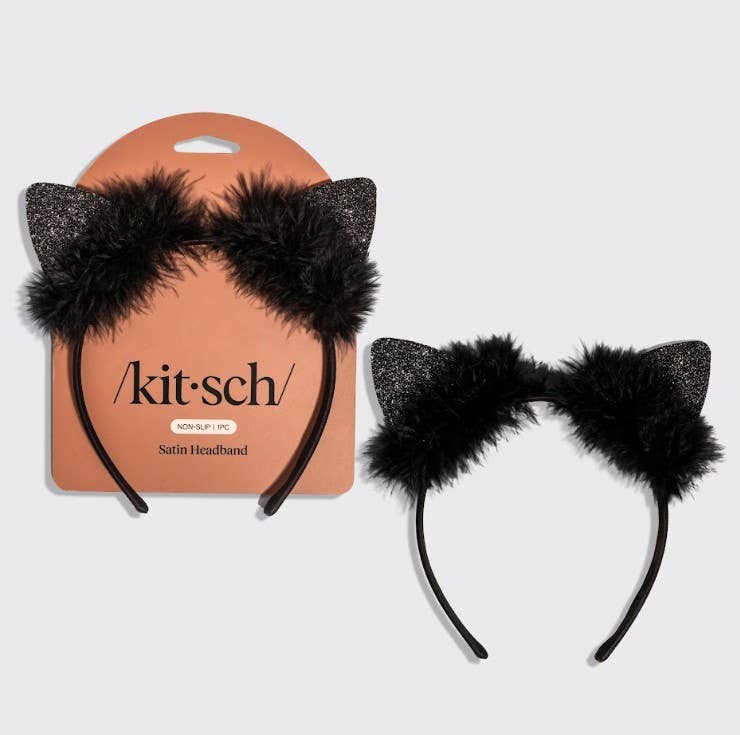 KITSCH - Satin Cat Ears Headband - Black Glitter