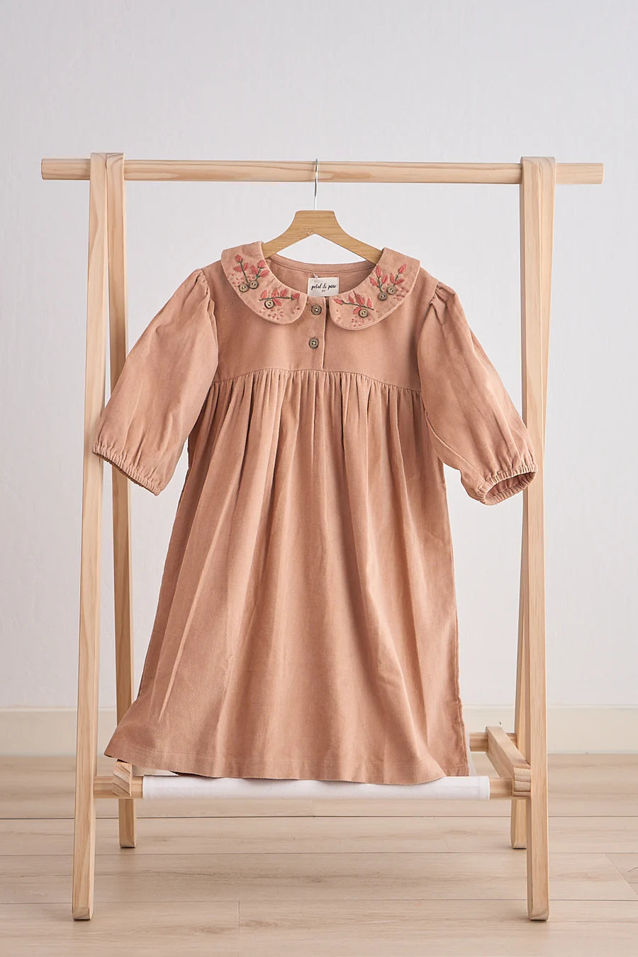 Petal & Pine Girl's Beige Floral Embroidery Velveteen Girl Dress - Size 6
