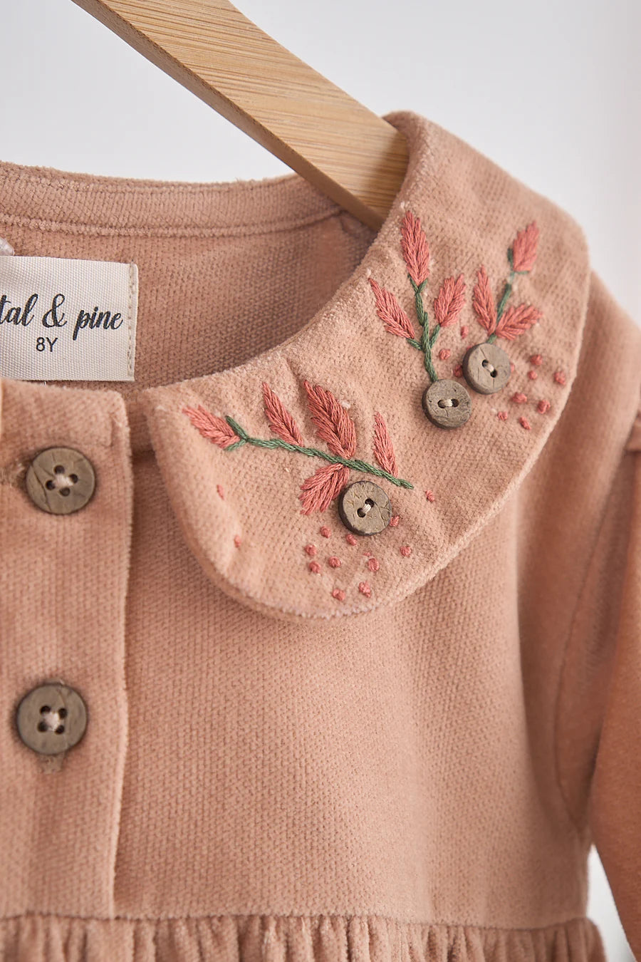 Petal & Pine Girl's Beige Floral Embroidery Velveteen Girl Dress - Size 6