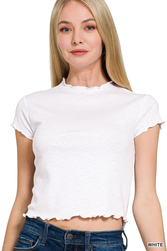Zenana Women's Cotton Modal Slub Lettuce Trimmed Cropped Tee - White Zenana