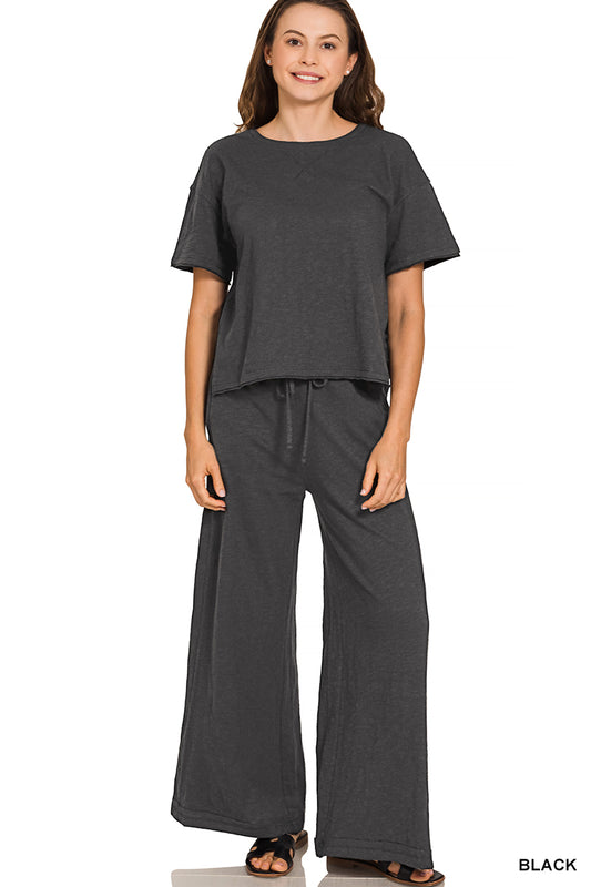 Zenana Cotton Slub Short Sleeve Tee & Pants Set - Black