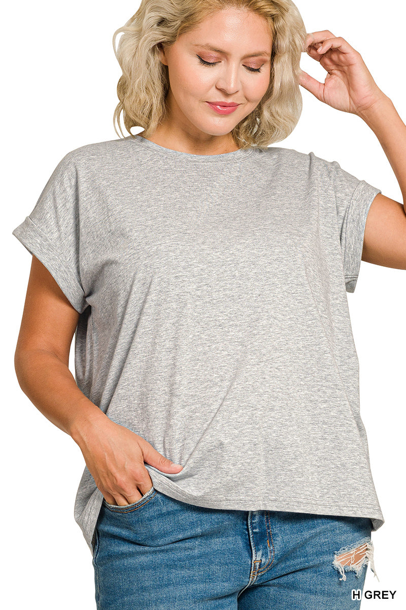 Zenana Women's Plus Round Neck Folded Short Sleeve T-shirt - Gray