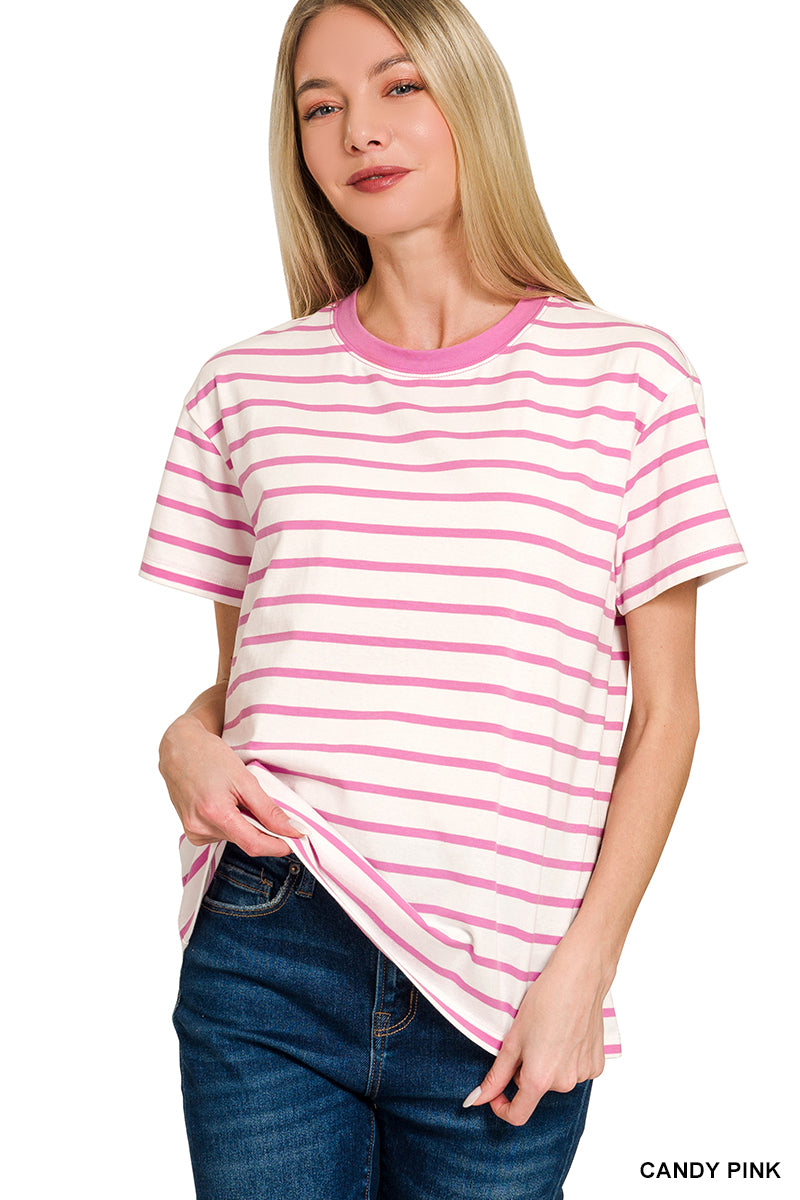 Zenana Women's Striped Crew-Neck T-shirts - Candy Pink