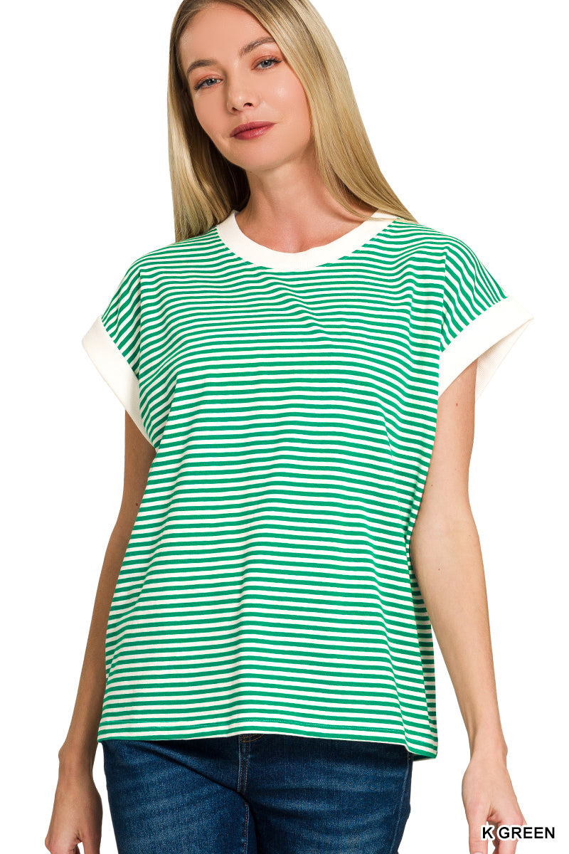 Zenana Women's Stripe Contrast Trim Rib Banded Top - Kelly Green