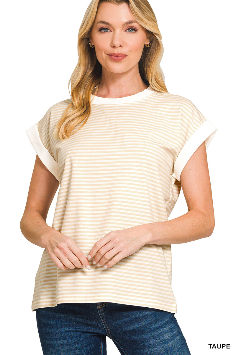 Zenana Women's Stripe Contrast Trim Rib Banded Top - Taupe