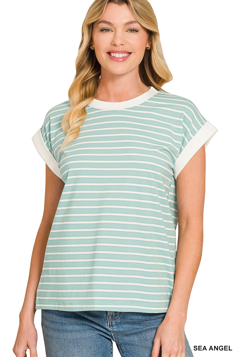 Zenana Women's Contrast Trim Cap Sleeve Stripe Tee - Sea Angel