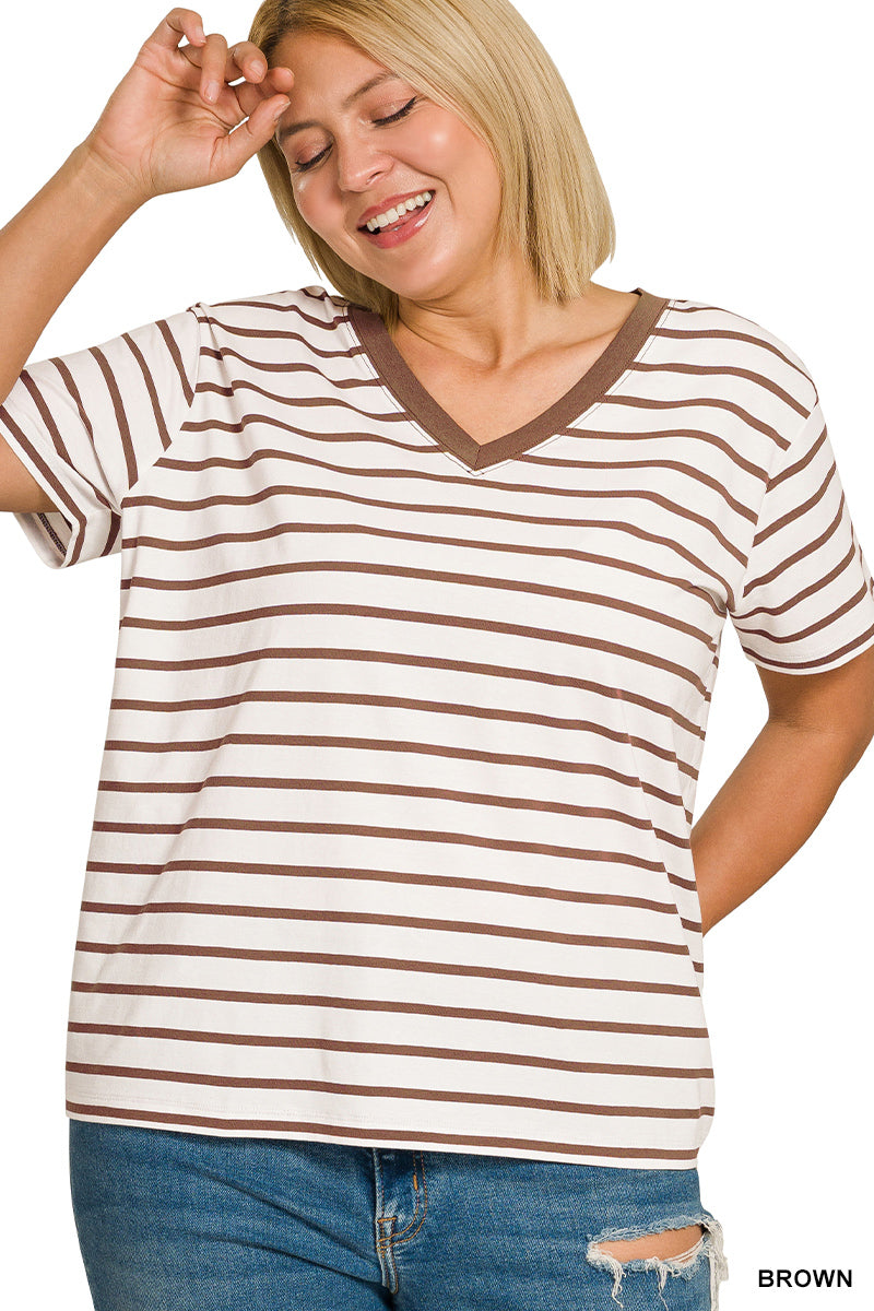 Zenana Women's Plus Striped V-Neck T-Shirt - Brown