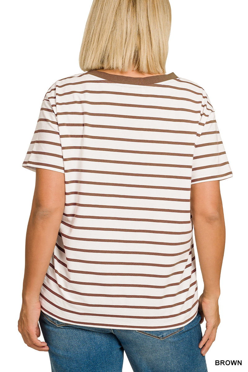 Zenana Women's Plus Striped V-Neck T-Shirt - Brown
