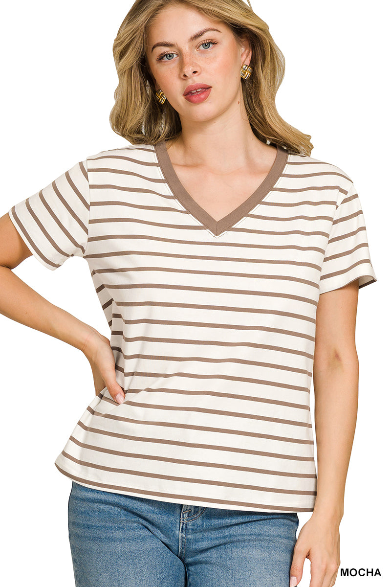 Zenana Women's Stripe V-neck Top - Mocha