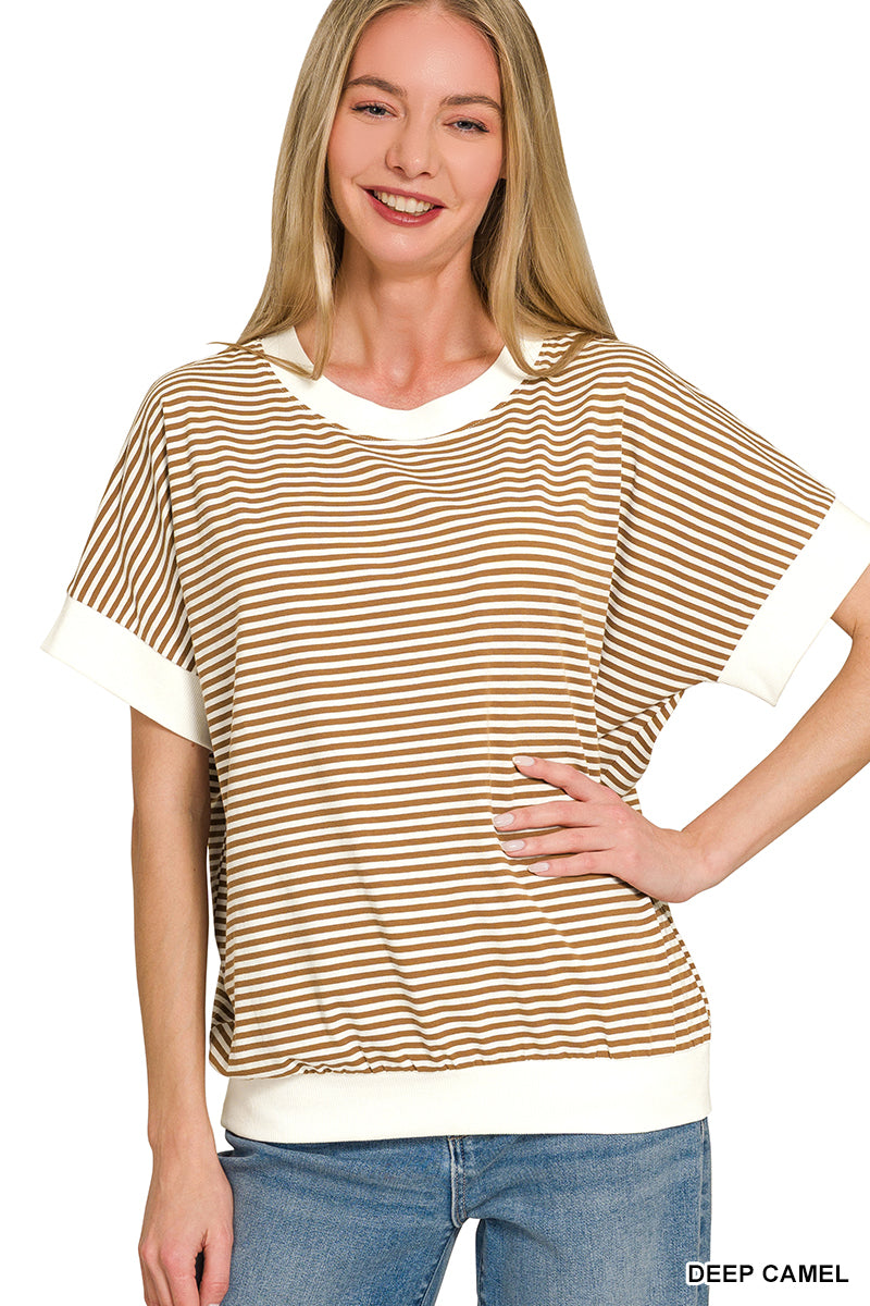 Zenana Women's Stripe Contrast Trim Rib Banded Top - Deep Camel