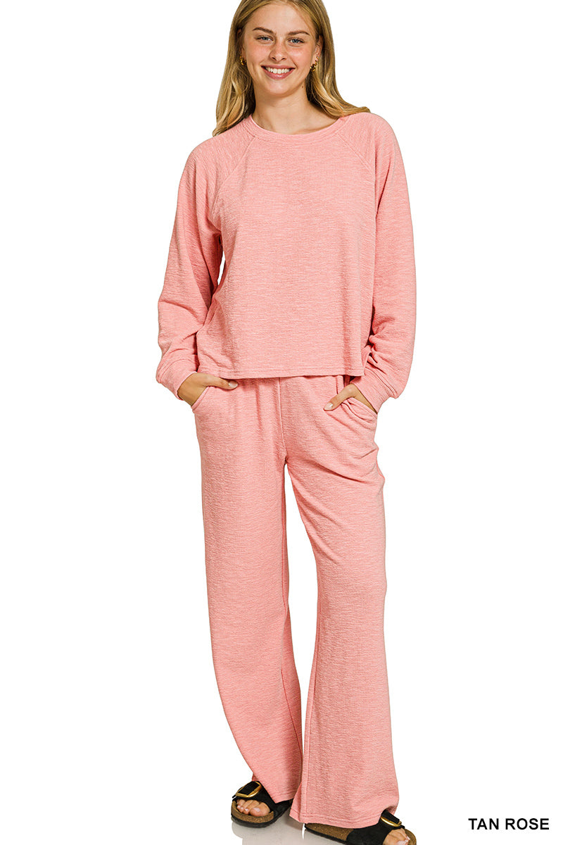 Zenana Women's Slub Long Sleeve Top & Pants Set - Tan Rose