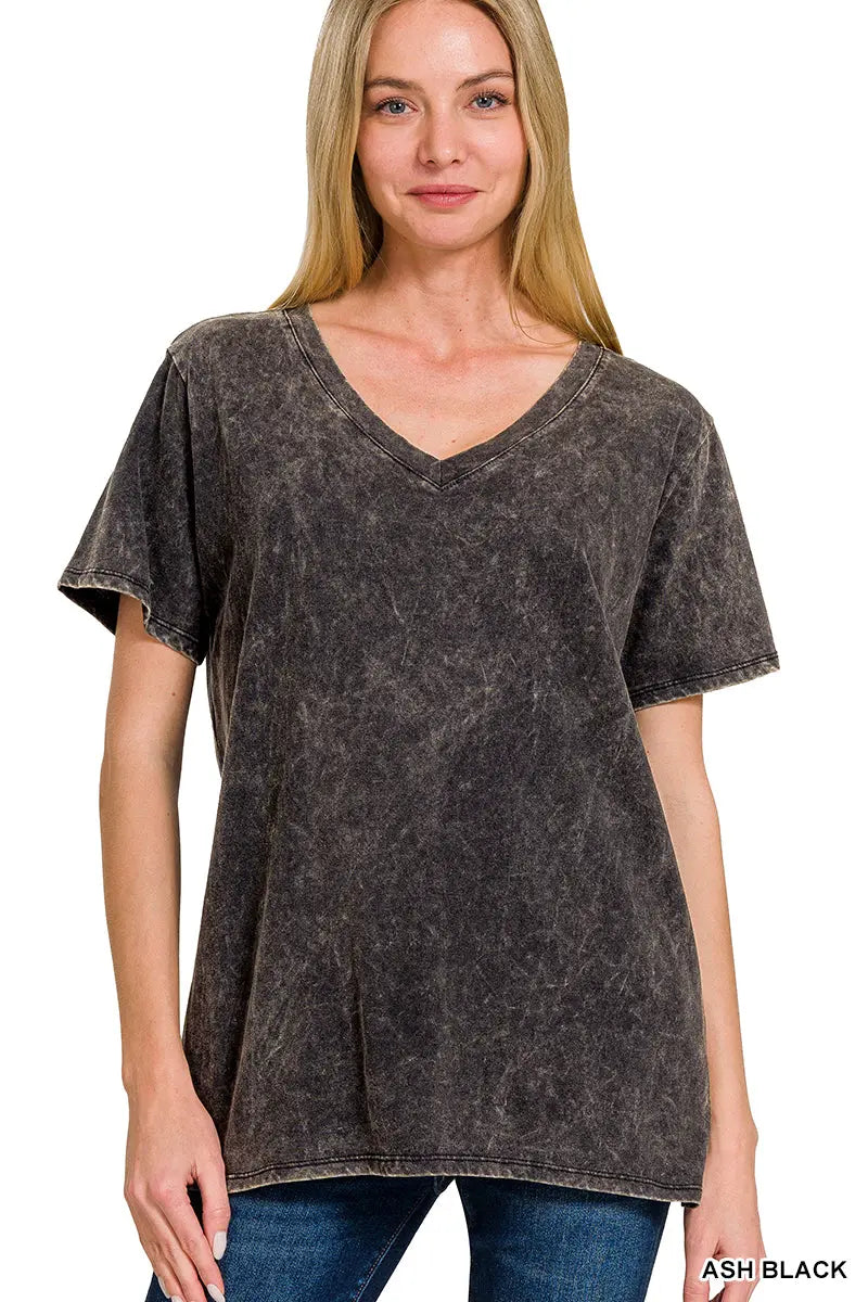 Washed V-Neck Short Sleeve Top