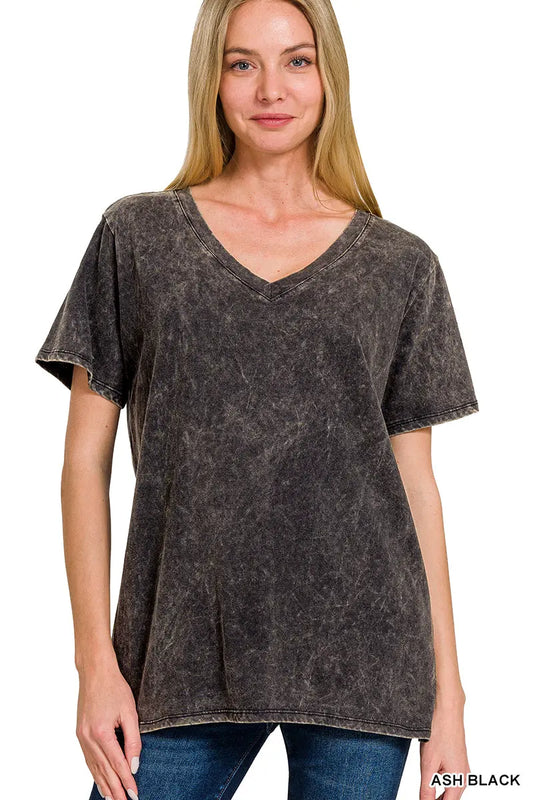 Washed V-Neck Short Sleeve Top