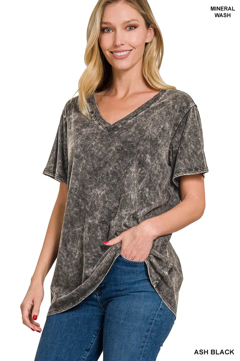 Washed V-Neck Short Sleeve Top