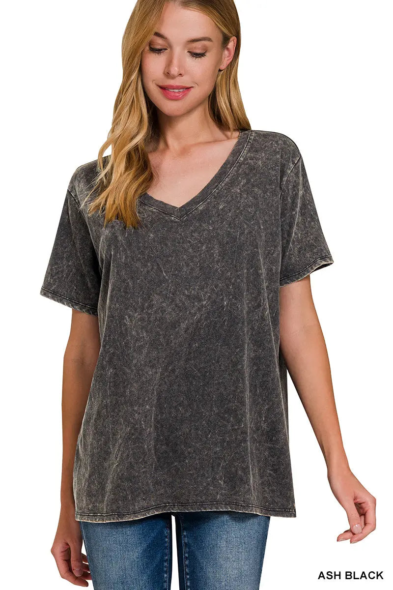 Washed V-Neck Short Sleeve Top