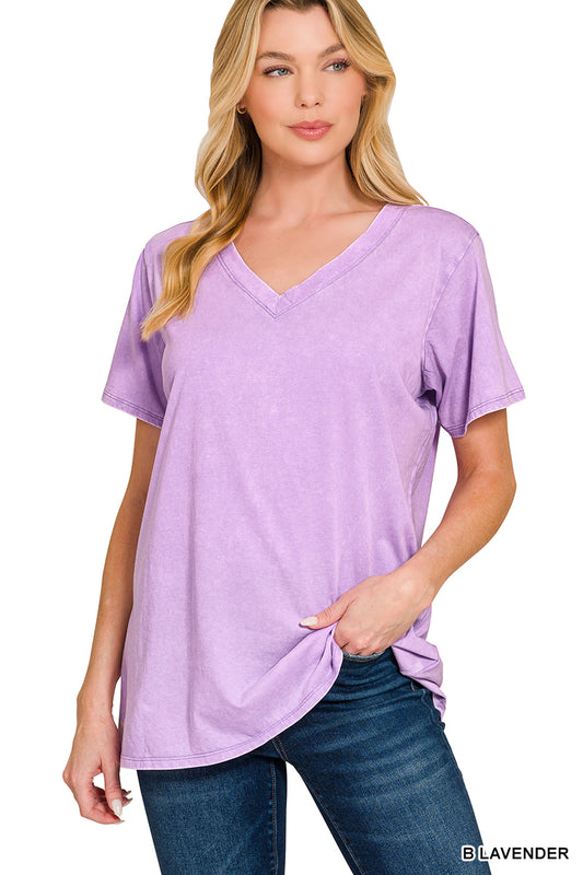 Zenana Women's Washed Short Sleeve V-neck Top - Lavender