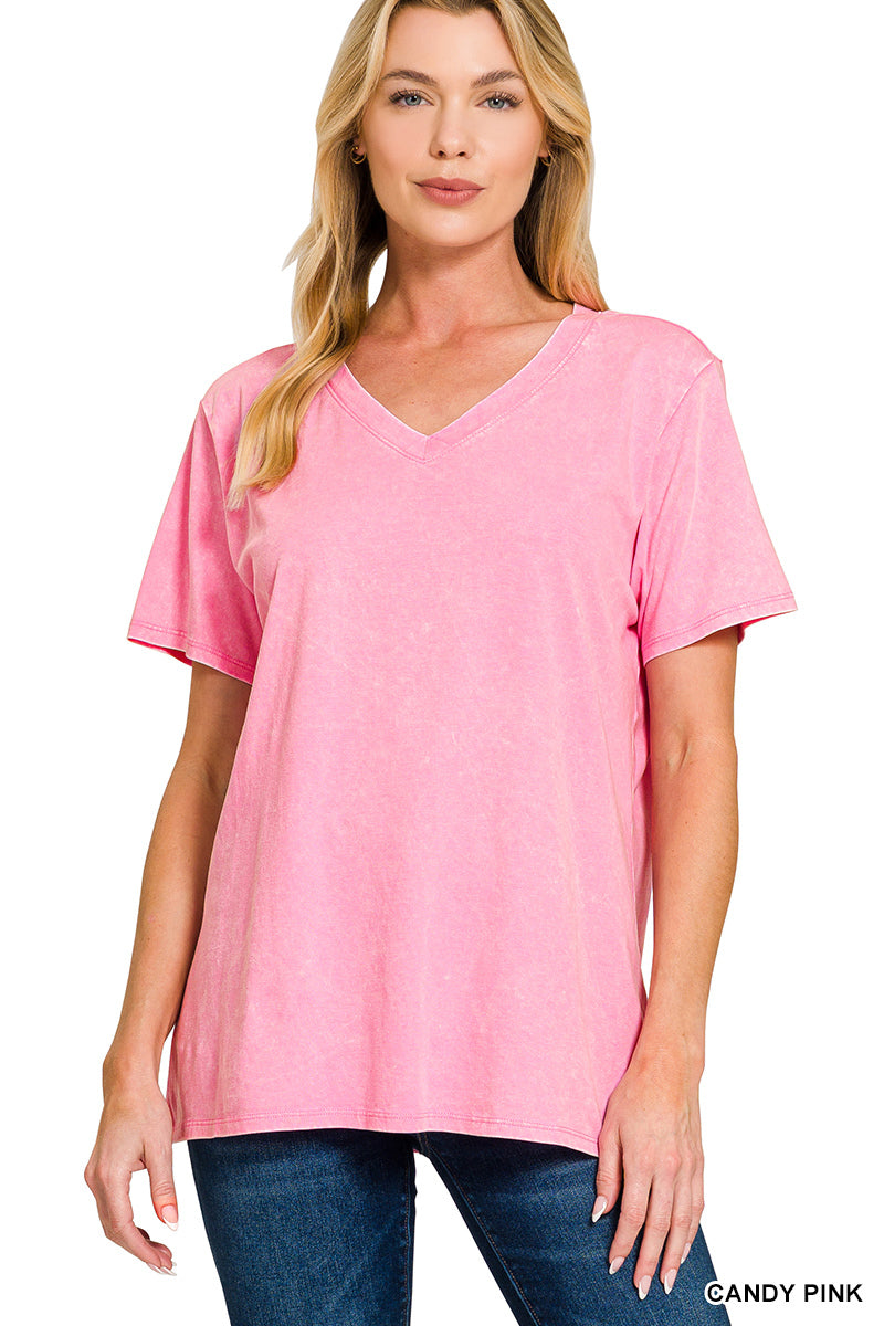 Zenana Women's Washed Short Sleeve V-neck Top - Candy Pink