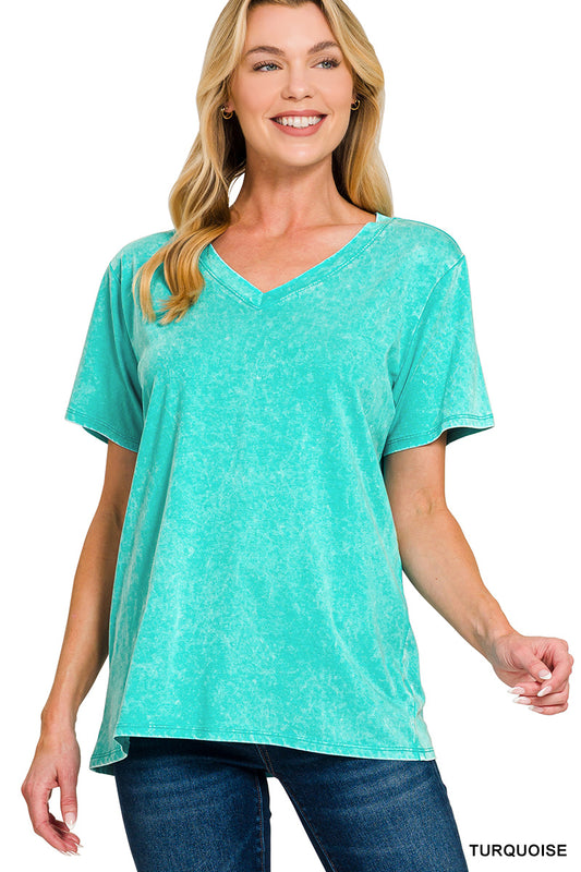 Zenana Women's Washed Short Sleeve V-neck Top - Turquoise