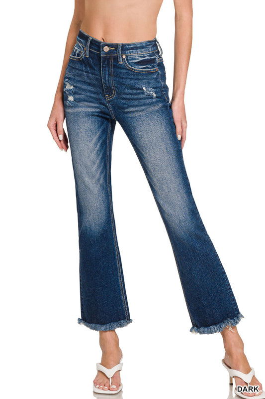 Zenana Women's High Rise Straight Raw Hem Cropped Denim Pants - Dark
