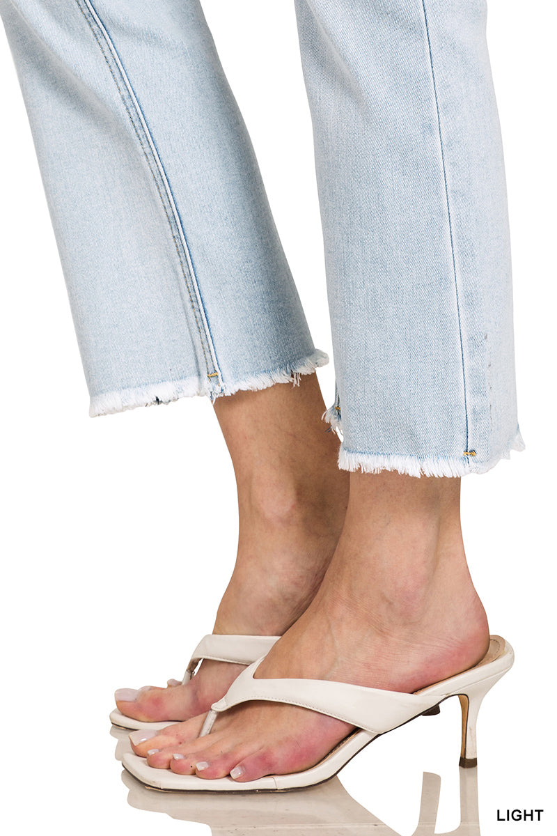 Zenana Women's High Rise Straight Raw Hem Cropped Denim Pants