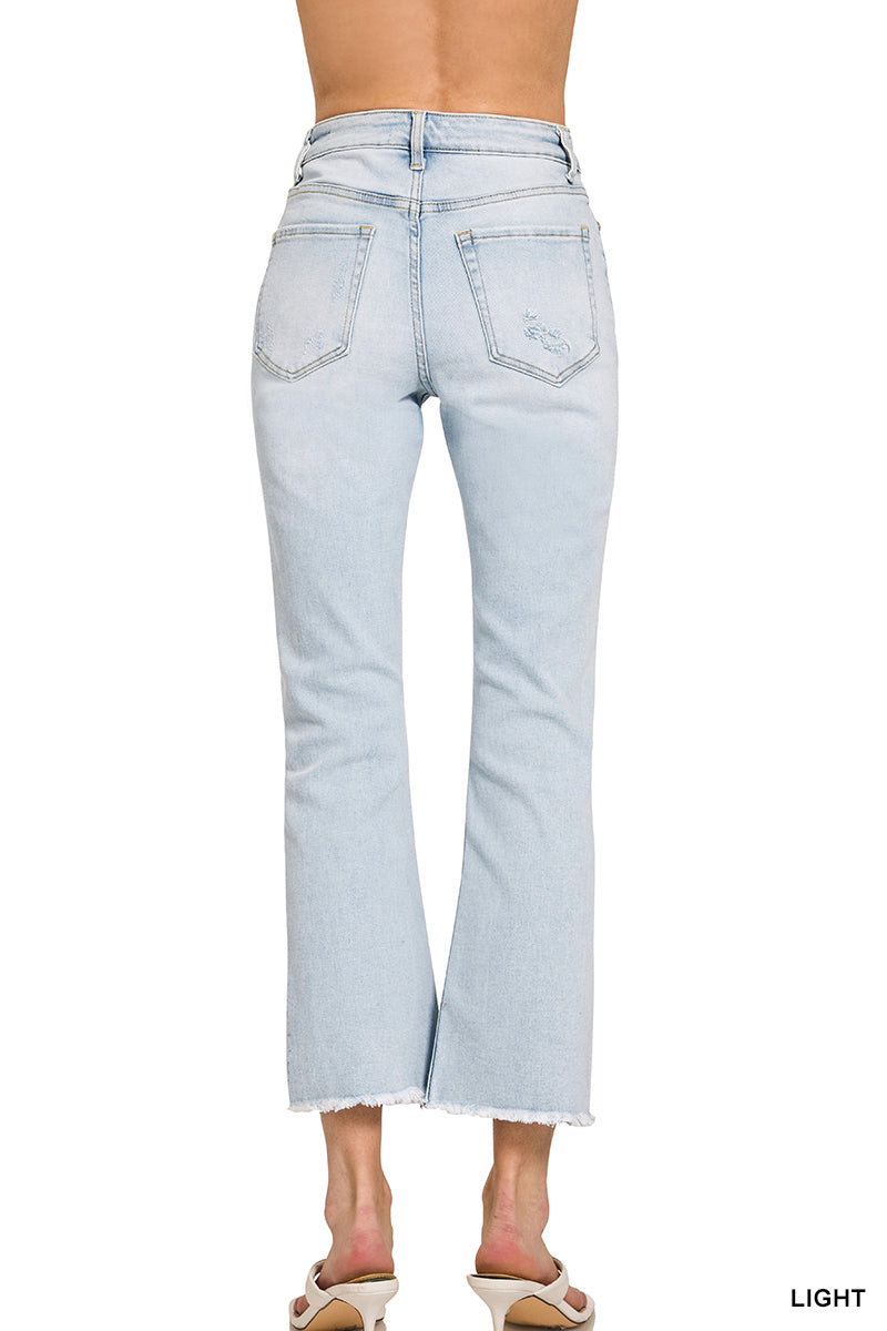 Zenana Women's High Rise Straight Raw Hem Cropped Denim Pants