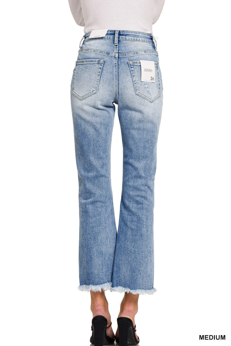 High Rise Straight Raw Hem Cropped Denim Pants