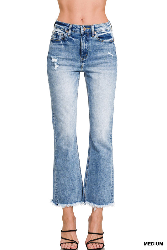 High Rise Straight Raw Hem Cropped Denim Pants