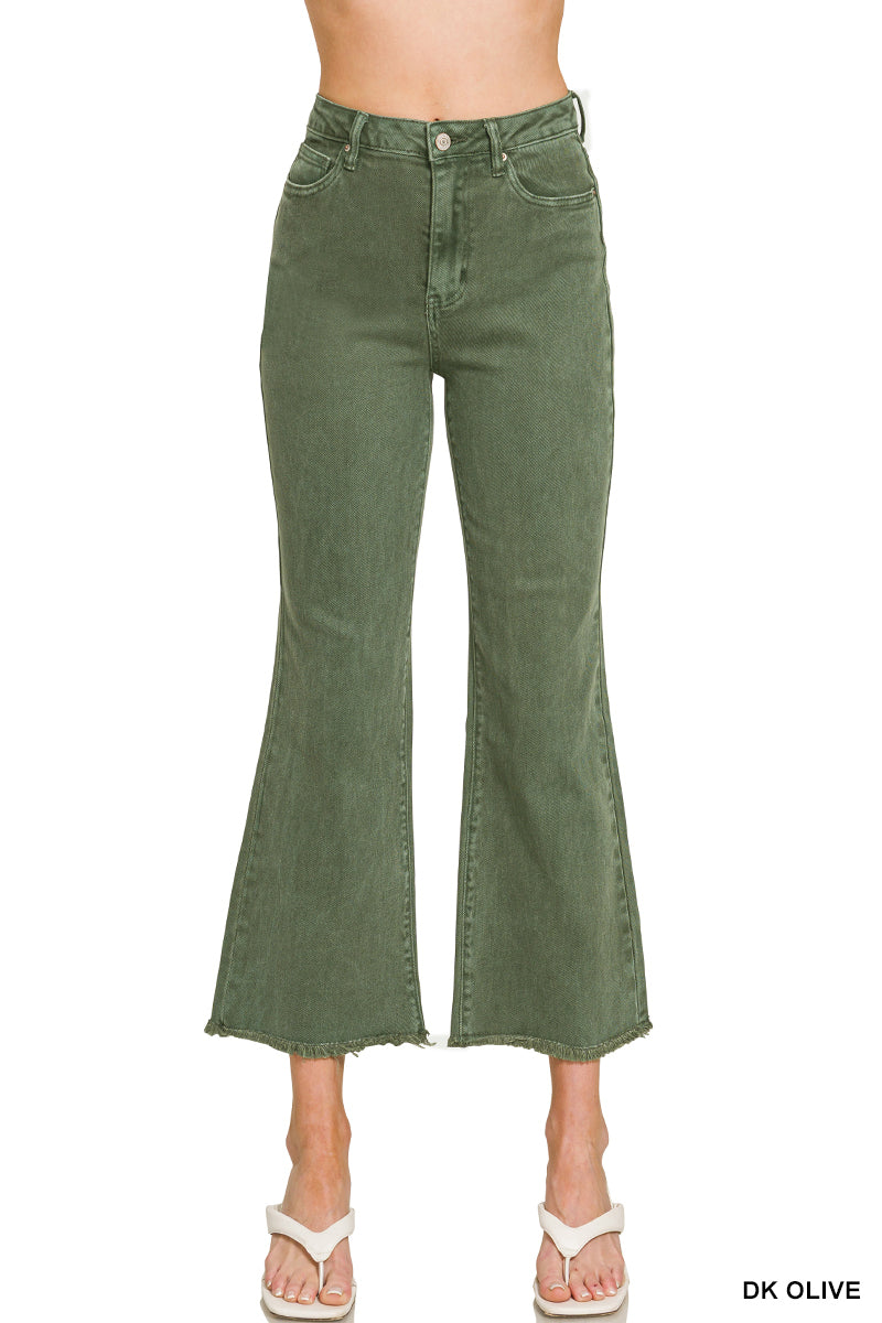 Zenana Women's Acid Washed High Waist Frayed Hem Bootcut Pants - Dark Olive