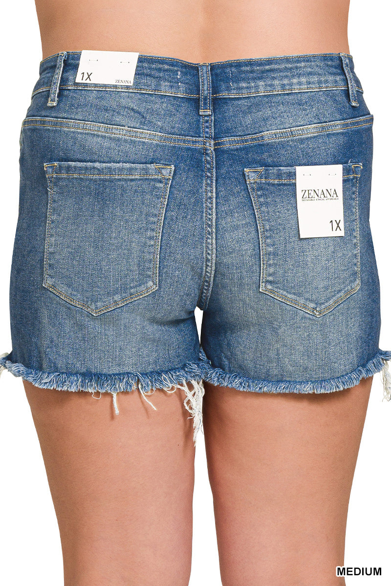 Mid Rise Frayed Denim Shorts - Plus Size