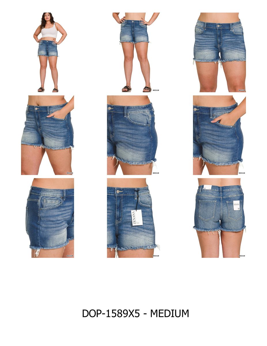 Mid Rise Frayed Denim Shorts - Plus Size