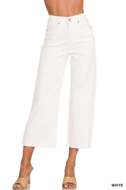Zenana Women's HIGH RISE WIDE LEG CROPPED WHITE DENIM PANTS (White)