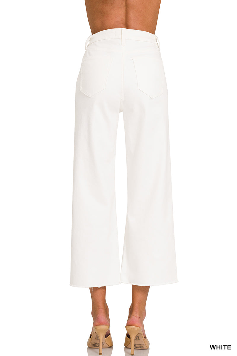 Zenana Women's HIGH RISE WIDE LEG CROPPED WHITE DENIM PANTS (White)