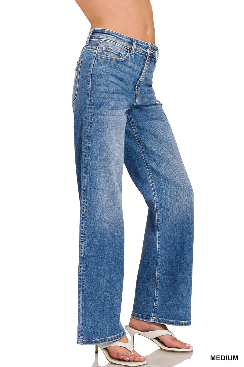 Zenana Women's High Waist Straight Leg Medium Wash Denim Pants